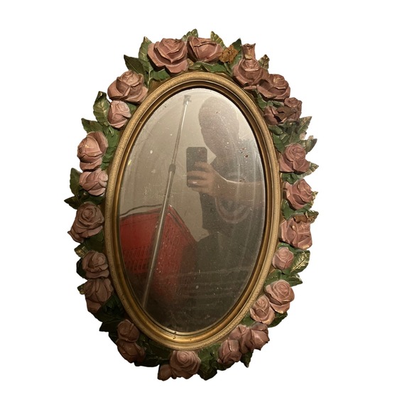 HOME INTERIORS Oval PINK GOLD ROSES 27 X 19 Shabby Chic Vintage WALL MIRROR VGC - Picture 1 of 6